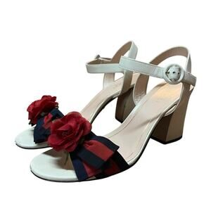 Gucci Cindi Leather Block Heel Sandals Silk Web And Flower Vamp EU 37.5 US 7.5